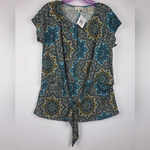 Chenault Teal Gold Short Sleeve Top Women Size M